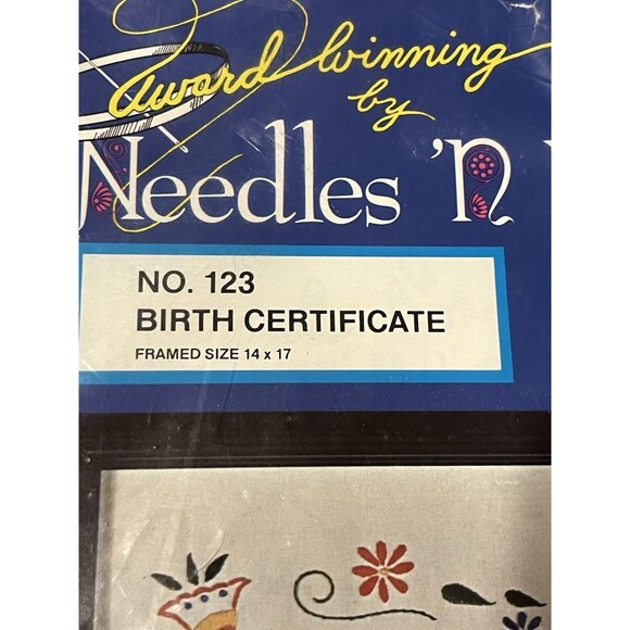 Vtg Needles N Hoops No 123 Birth Certificate 14x17 Embroidery - Picture 5 of 6